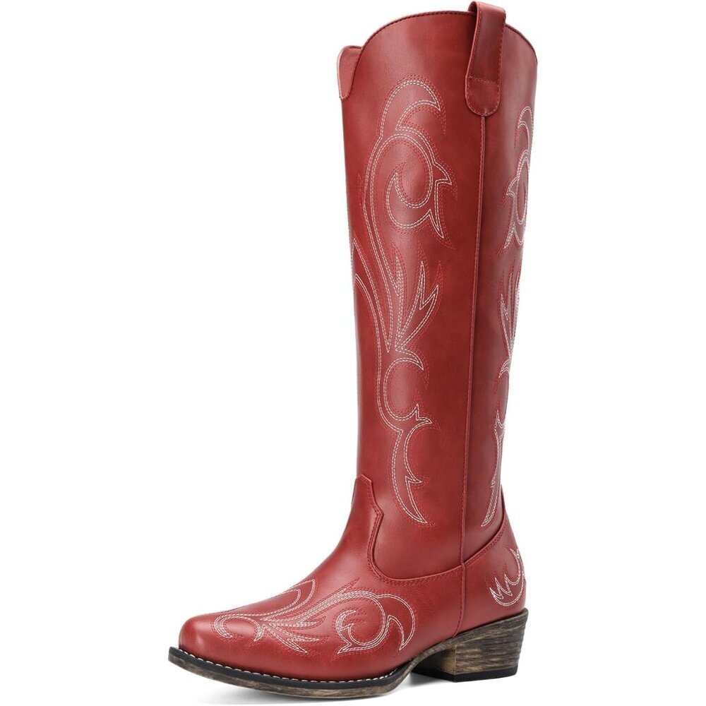 Women Faux Leather Red Knee High Chunky Heel Side Zipper Embroidered Boot